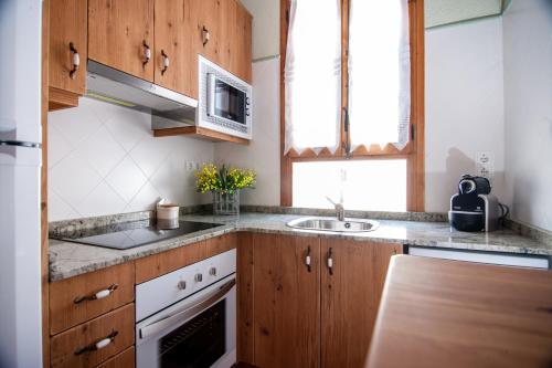 a kitchen with wooden cabinets and a sink at Colonia Apartamento Rural in Bellmunt de Ciurana