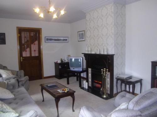 Una sala de estar con chimenea y televisión. en Quay West Ireland, en Westport