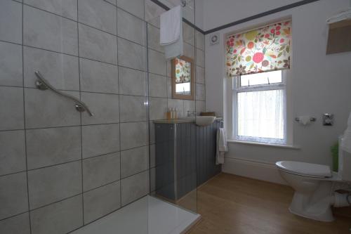 a bathroom with a shower and a toilet and a window at Westbury Lodge in Shanklin