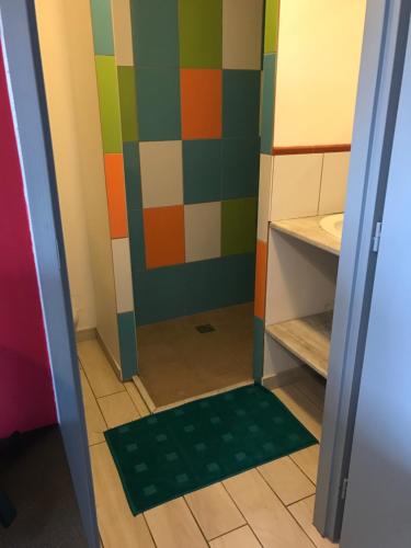 małą łazienkę z zielonym dywanem i umywalką w obiekcie Les Studines w mieście Roanne
