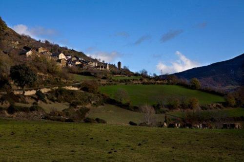 a green field with houses on top of a hill at La Coberta-Lo Paller del Coc in Rialp