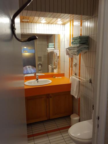 a bathroom with a sink and a toilet and a mirror at Auberge Le Moulin Du Plain in Goumois