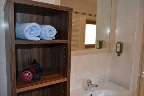 a bathroom with a sink and a shower with towels at Häuslerhof in Maranza