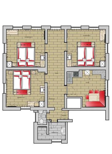 a floor plan of a brick building with red windows at Flierelerhof in Arzl im Pitztal