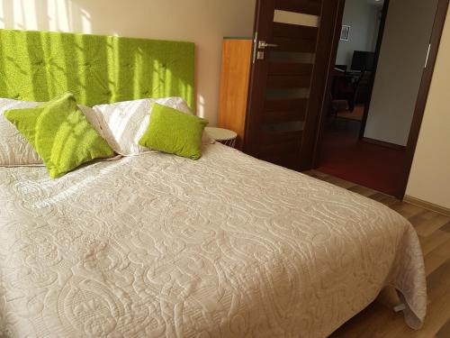 コウォブジェクにあるSamodzielny APARTAMENT 2pokojowyのベッド1台(上に緑の枕2つ付)
