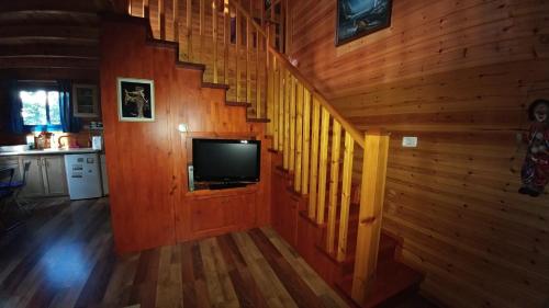 a living room with a tv and a wooden staircase at In our backyard - Metula in Metulla