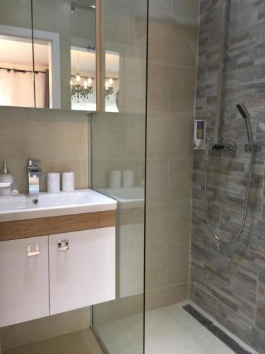 a bathroom with a shower and a sink at Enjoyit Rooms in Velden am Wörthersee