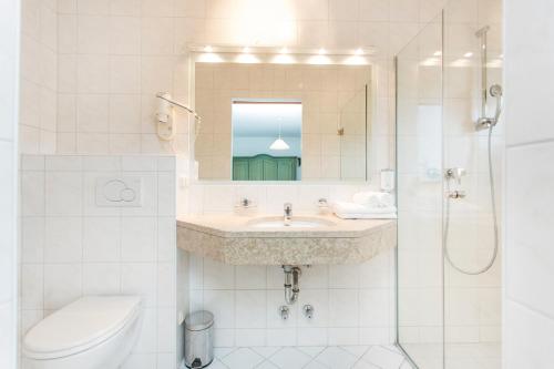 a bathroom with a sink and a toilet and a mirror at Hotel Gasthof Zum Kirchenwirt in Puch bei Hallein