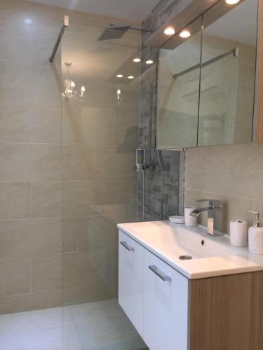 a bathroom with a shower and a sink and a mirror at Enjoyit Rooms in Velden am Wörthersee