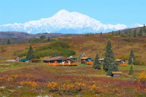 a group of lodges on a hill with a snow covered mountain at Caribou Lodge Alaska in Talkeetna