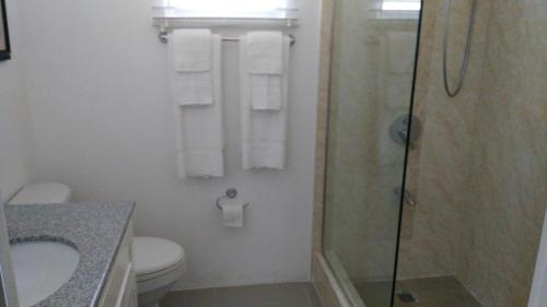 een badkamer met een douche, een toilet en een wastafel bij Relax Villa in Ocho Rios