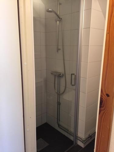 a shower in a bathroom with a glass door at Idöborgs Stuguthyrning in Nämdö