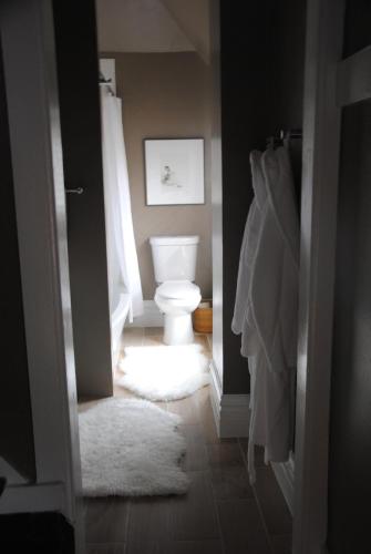 a bathroom with a toilet and a white rug at Off Broadway B & B in Denver