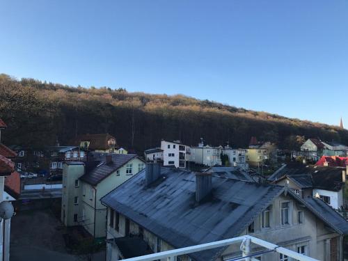 a city with houses and a hill in the background at Apartament Onyx in Międzyzdroje