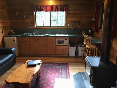 
a kitchen with a stove, a sink and a window at Cradle Mountain Highlanders in Cradle Mountain
