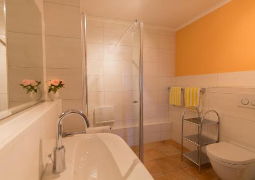 ein Badezimmer mit Toilette, Waschbecken und Dusche in der Unterkunft Ferienwohnungen Wörz, Sigismundstrasse 6 in Oberstdorf