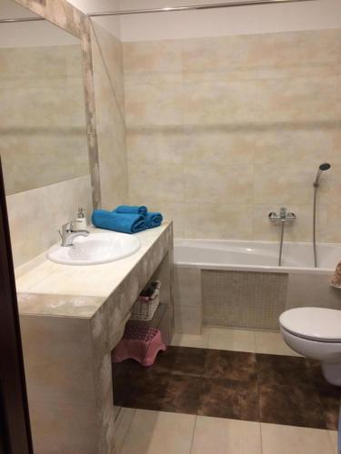 a bathroom with a sink and a tub and a toilet at Apartament Jelitkowski in Gdańsk