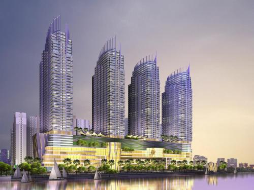 a rendering of four tall buildings in a city at Green Bay Condominium by Kevin in Jakarta