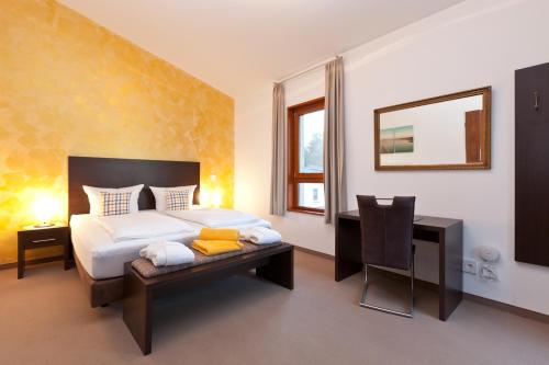 1 dormitorio con cama, escritorio y espejo en Seeresidenz Klink en Klink