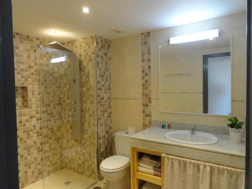 a bathroom with a sink and a toilet and a mirror at Apartamento Tahiche in Costa Teguise