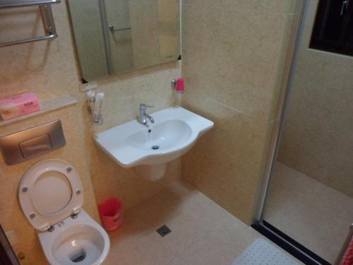 a bathroom with a sink and a toilet and a shower at Rose Lodge Homestay in Dongshan