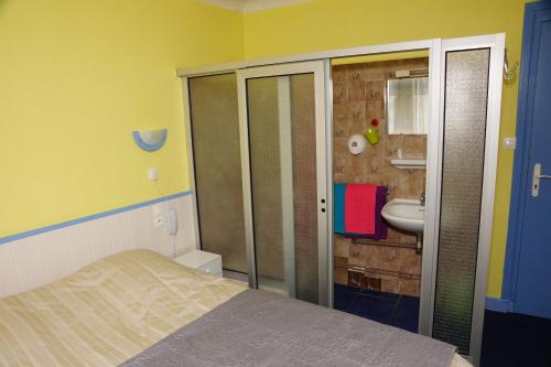 a small bedroom with a bed and a sink at Le Richelieu in Le Boulou