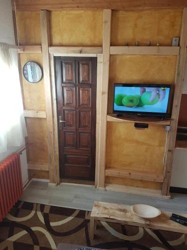 a room with a door and a tv in a room at Belette Apartments & Park in Nikšić