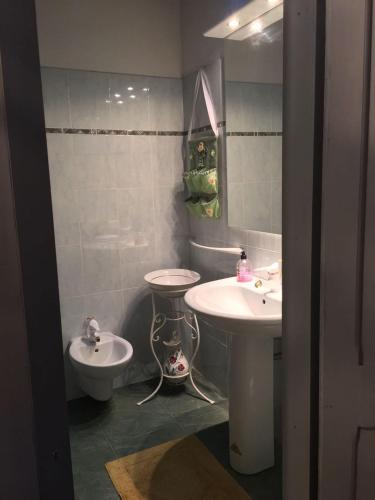 a bathroom with a sink and a toilet and a mirror at Alloggio Agrituristico DODICI-APOSTOLI in Casumaro