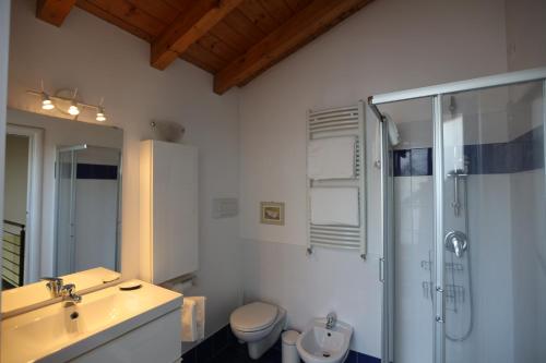Un baño con lavabo, ducha e inodoro. en Casa Vigole, en Toscolano Maderno