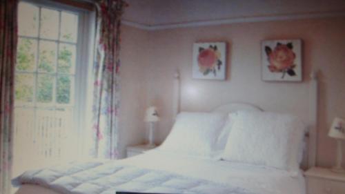 a bedroom with a white bed and a window at The Glen in Ballachulish