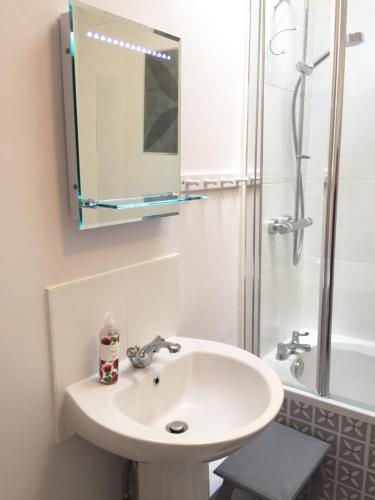 a bathroom with a sink and a shower and a mirror at Pearl Cottage in Blockley