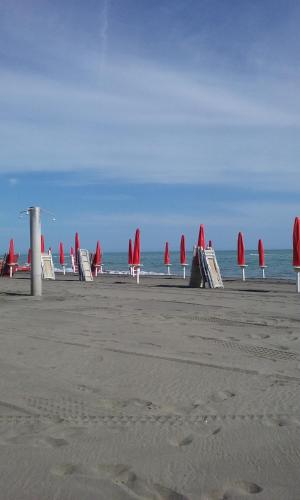 una fila di sedie a sdraio con ombrelloni rossi su una spiaggia di Aroma Di Mare a Lido di Ostia