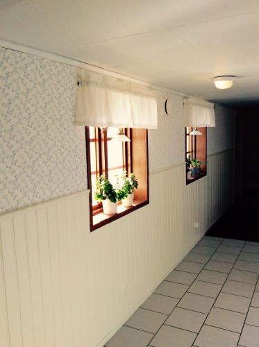 a hallway with two windows and two potted plants at Landet Bed and Breakfast in Tomelilla