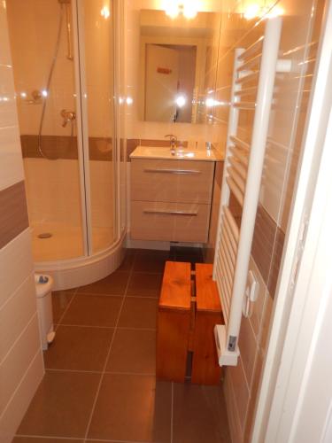 ein Bad mit einer Dusche, einem Waschbecken und einem WC in der Unterkunft Appartement Les Menuires in Les Menuires