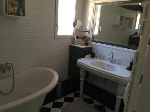uma casa de banho com um lavatório, uma banheira e um espelho. em Villa Sanata em Les Arcs sur Argens