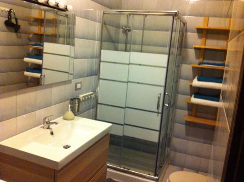 een badkamer met een wastafel en een glazen douche bij Appartamento al Parco CIR03407AT00243 in Parma
