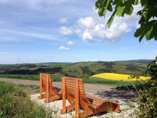 three wooden chairs sitting on the side of a road at Fewo Vulkaneifel in Tettscheid