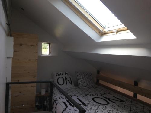 um quarto no sótão com uma cama e uma clarabóia em La sucrette em Amboise