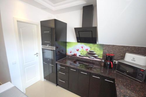 a kitchen with black cabinets and a microwave at Pension / Zimmervermietung Wasbek in Wasbek
