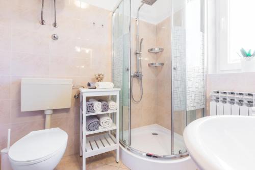 łazienka z prysznicem, toaletą i umywalką w obiekcie Apartments Tomislav Primorska w Novalji