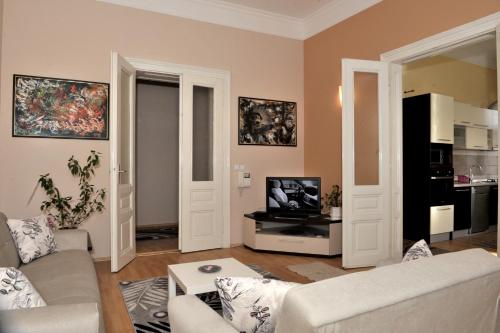 een woonkamer met een bank en een tv bij Tesla Apartment in Sarajevo