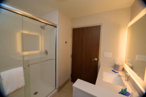 uma casa de banho com uma cabina de duche em vidro e um lavatório. em Holiday Inn Express & Suites McKinney - Frisco East, an IHG Hotel em McKinney