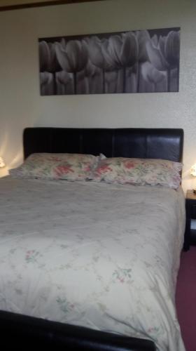 a bed with a headboard with flowers on it at Chesterfields Guest House in Warwick