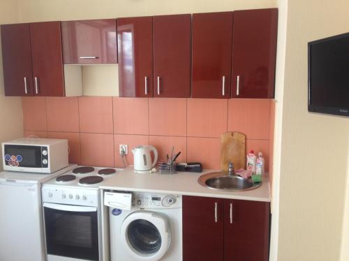 a kitchen with a sink and a washing machine at Apartment Na Ryabinina in Yekaterinburg