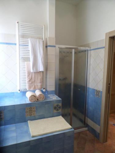 パラーイアにあるla terrazzaの青いタイル張りのバスルーム(シャワー、タオル付)