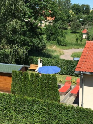 a view of a garden with chairs and a blue umbrella at Ferienhaus zur Blautanne in Klipphausen