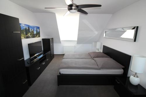 1 dormitorio con 1 cama y ventilador de techo en Apartament Meander en Szklarska Poręba