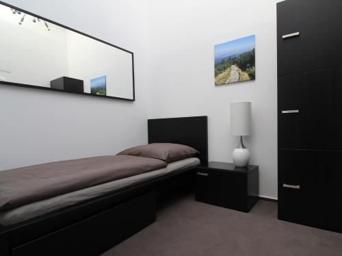 1 dormitorio con cama y espejo grande en Apartament Meander en Szklarska Poręba