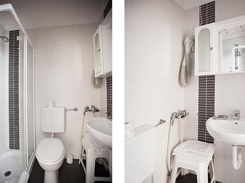 two pictures of a bathroom with a toilet and a sink at Hotel Ristorante Milton in Varazze