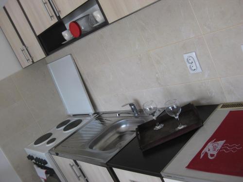 a kitchen with a sink and wine glasses on a counter at Apartment Bogdan in Banja Koviljača